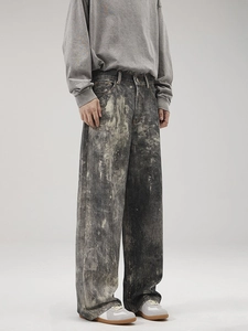 Men's loose straight leg jeans with grey digital print and washed bleach splatter effect
