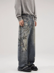 Jeans da uomo grigio lavato con stampa digitale di catene e schizzi di vernice stile street