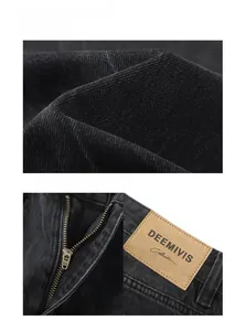 Close-up of high-street washed denim fabric with metal zipper and yellow leather brand tag