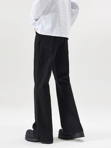 Mens slim fit flare jeans in black denim featuring a stylish back view with twin pockets