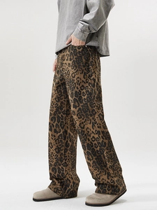 Pantalon en jean à imprimé léopard rétro pour hommes et femmes avec style urbain vintage