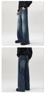 Front and back view of vintage washed loose wide-leg denim jeans for men