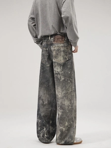 Men's baggy straight-leg jeans with vintage washed digital print and back leather patch