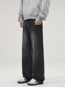 Mens retro washed dark grey wide leg jeans with vintage street style loose fit cut