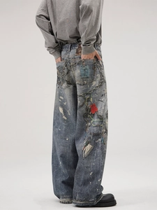 Jeans larghi da uomo in stile vintage con stampe a catena e grafiche floreali rosse