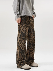 Jean denim rétro à imprimé léopard avec coupe droite et large pour homme et femme