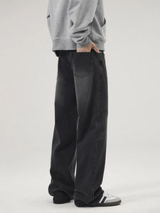 Men's retro washed black wide-leg denim jeans with a loose straight-cut fit