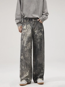 Men's high street wide leg denim jeans with white digital spray print in dark grey