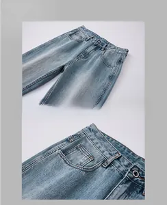 Detail view of American vintage blue wash denim with classic 5-pocket design and contrast stitching