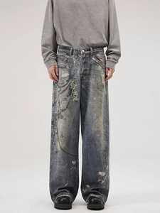 Jeans uomo gamba dritta blu scuro con stampa a catena e dettagli vernice effetto usato