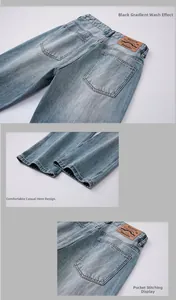 Detailed views of light blue washed denim jeans showing back pocket and leather brand patch