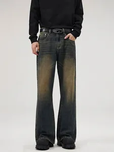 Men's Retro High Street Mud Wash Wide Leg Denim Jeans Loose Straight Mop Floor Pants Vintage Rust Earth Blue