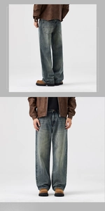 Détails du jean denim gris-bleu délavé vintage montrant la texture et la coupe large