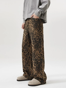 Pantalon léopard rétro américain à jambe large et taille haute pour femmes et hommes
