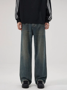Men's retro loose flare jeans in dark blue wash denim with vintage faded finish