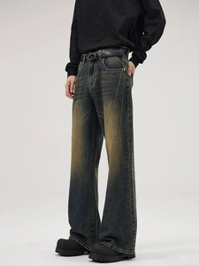 Men's vintage distressed straight denim pants with American retro wash and bootcut style