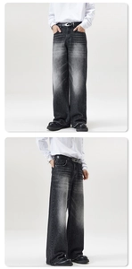 Detailed views of wide-leg vintage washed denim jeans with a black leather belt