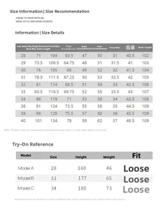 Detailed size chart for retro baggy jeans showing dimensions from size 28 to 40 in cm