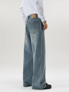 Classic retro loose fit straight leg light blue denim jeans with high waist aesthetic