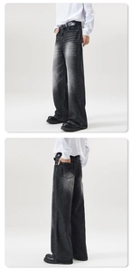 Detail of vintage washed grey wide-leg jeans with high-waisted fit and distressed hem