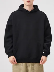 Men Hooded Sweatshirt Solid Color Heavyweight Cotton Blend Hoodie Casual Oversized Drop Shoulder Pocket Long Sleeve Top