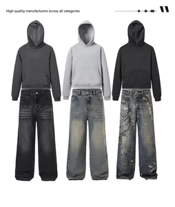 Three sets of streetwear outfits with hoodies and wide-leg jeans in various washes