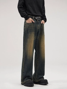 Retro loose mud wash denim jeans with wide leg straight cut and vintage street style