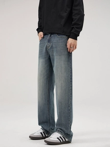 Jean en denim droit rétro bleu pour hommes avec une coupe large et un aspect délavé