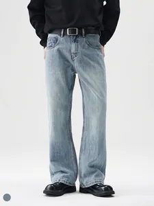 Men's American Vintage Washed Light Blue Micro Flare Jeans Streetwear Distressed Straight Slim Denim Pants For Casual Daily Wear