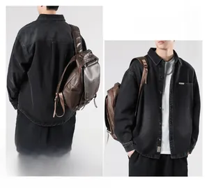 Detail of vintage brown leather backpack with buckle straps and city outdoor style