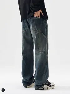 Jeans Cargo da Uomo Lavati Vintage Streetwear Giapponese Pantaloni in Denim Gamba Larga Dritti Larghi Con Coulisse in Vita e Tasche