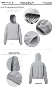 Detail view of grey hoodie showing double-layered hood and reinforced stitching seams
