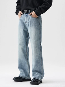 Men's light blue vintage washed straight leg denim jeans with a relaxed retro street fit