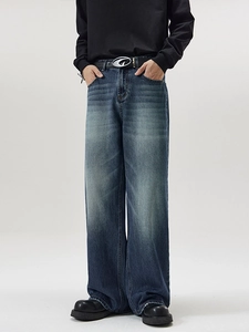 Jeans American High Street da Uomo Lavati Effetto Consunto Blu Ruggine Gamba Larga Relaxed Fit Pantaloni Denim