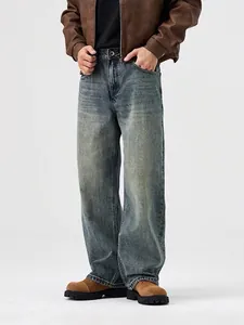 Jean Bleu Délavé Vintage pour Homme Coupe Large et Droite Pantalon en Denim Rétro Usé Streetwear Décontracté Pantalon Long en Coton