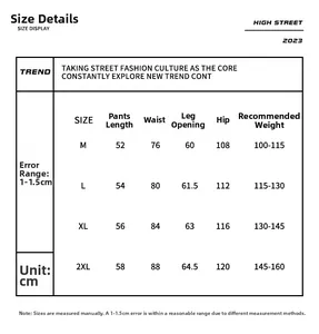 Detailed size chart for men's vintage denim shorts showing measurements from M to 2XL