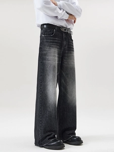 Jeans larghi uomo lavaggio vintage nero con cintura e vita alta in stile street wear