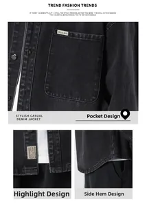 Detail view of American vintage black denim jacket showing chest pocket and hem design