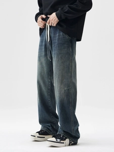 Pantaloni da carpentiere in denim uomo stile giapponese gamba larga con coulisse e lavaggio