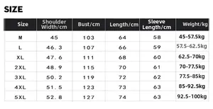 Size chart for washed black denim jacket including shoulder, bust, length and weight metrics