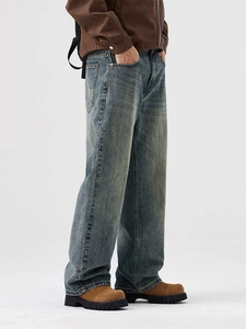 Jean large délavé rétro pour homme avec effet vieilli vintage et coupe droite classique
