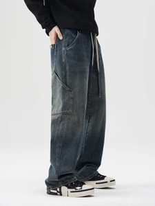 Jeans vintage da uomo stile carpenter a gamba larga con tasche cargo in blu scuro