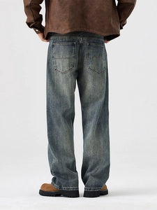 Jean en denim large et décontracté délavé rétro pour hommes en bleu-gris avec couture