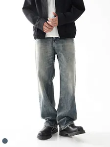 Jeans Uomo Lavati Retro Larghi Dritti Gamba Larga Pantaloni Denim Streetwear Distressed Blu Cenere Vita Media Pantaloni Moda