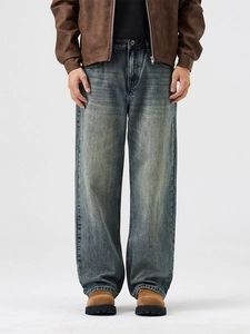 Jean bleu délavé rétro pour homme, coupe droite et large pour un style vintage classique