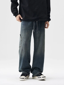 Jeans larghi uomo blu-grigio stile carpenter con coulisse e tasche cargo laterali