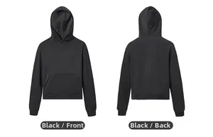 Front and back views of a premium black cotton blend hooded sweatshirt with fleece lining