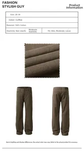 Detail of coffee-colored pure cotton denim fabric texture and straight leg fit design