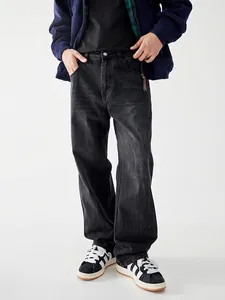 Men's High Street Vintage Washed Black Denim Jeans Lightning Pattern Loose Fit Straight Leg Pants Streetwear Trousers