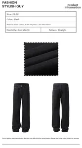 Detailed fabric texture and material specifications of black straight-leg denim jeans